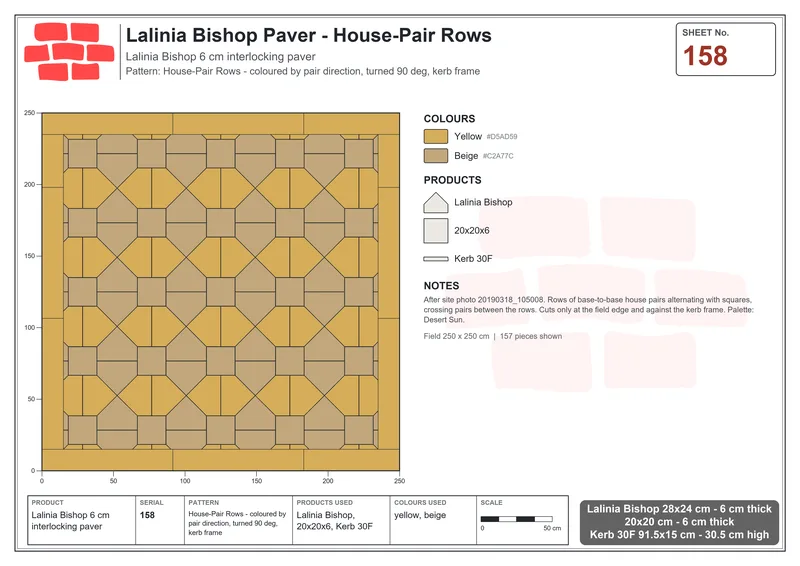 Interlock (Pasco) 28x24 cm · LAL-158 · House-Pair Rows - coloured by pair direction, turned 90 deg, kerb frame · Laying plan Interlock (Pasco) 28x24 cm · LAL-158 · House-Pair Rows - coloured by pair direction, turned 90 deg, kerb frame · Laying plan