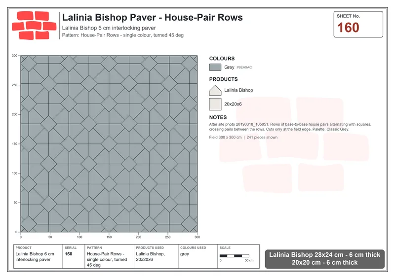 Interlock (Pasco) 28x24 cm · LAL-160 · House-Pair Rows - single colour, turned 45 deg · Laying plan Interlock (Pasco) 28x24 cm · LAL-160 · House-Pair Rows - single colour, turned 45 deg · Laying plan