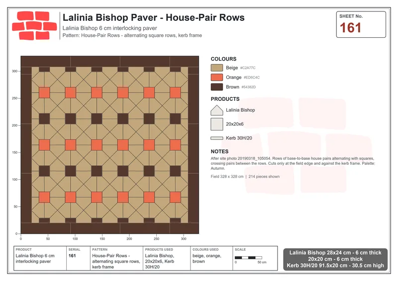 Interlock (Pasco) 28x24 cm · LAL-161 · House-Pair Rows - alternating square rows, kerb frame · Laying plan Interlock (Pasco) 28x24 cm · LAL-161 · House-Pair Rows - alternating square rows, kerb frame · Laying plan