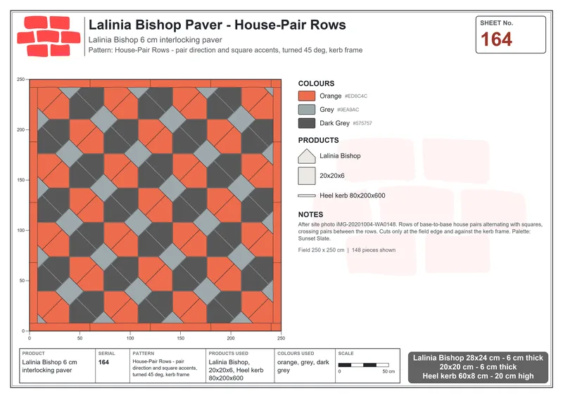 Interlock (Pasco) 28x24 cm · LAL-164 · House-Pair Rows - pair direction and square accents, turned 45 deg, kerb frame · Laying plan Interlock (Pasco) 28x24 cm · LAL-164 · House-Pair Rows - pair direction and square accents, turned 45 deg, kerb frame · Laying plan