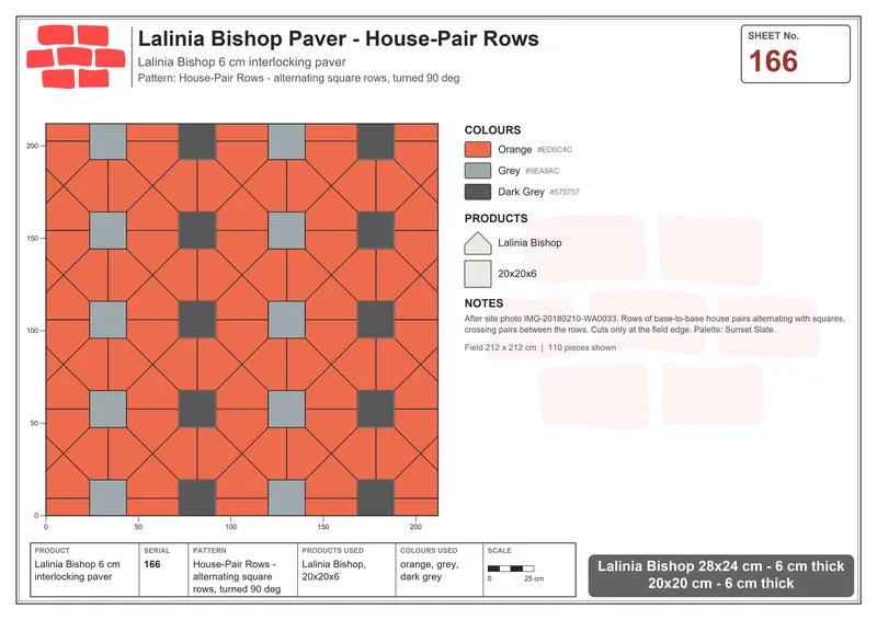 Interlock (Pasco) 28x24 cm · LAL-166 · House-Pair Rows - alternating square rows, turned 90 deg · Laying plan Interlock (Pasco) 28x24 cm · LAL-166 · House-Pair Rows - alternating square rows, turned 90 deg · Laying plan