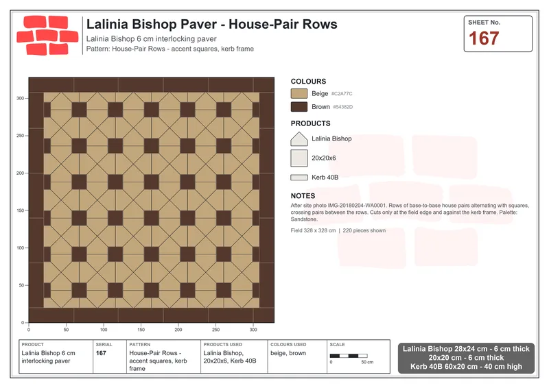 Interlock (Pasco) 28x24 cm · LAL-167 · House-Pair Rows - accent squares, kerb frame · Laying plan Interlock (Pasco) 28x24 cm · LAL-167 · House-Pair Rows - accent squares, kerb frame · Laying plan
