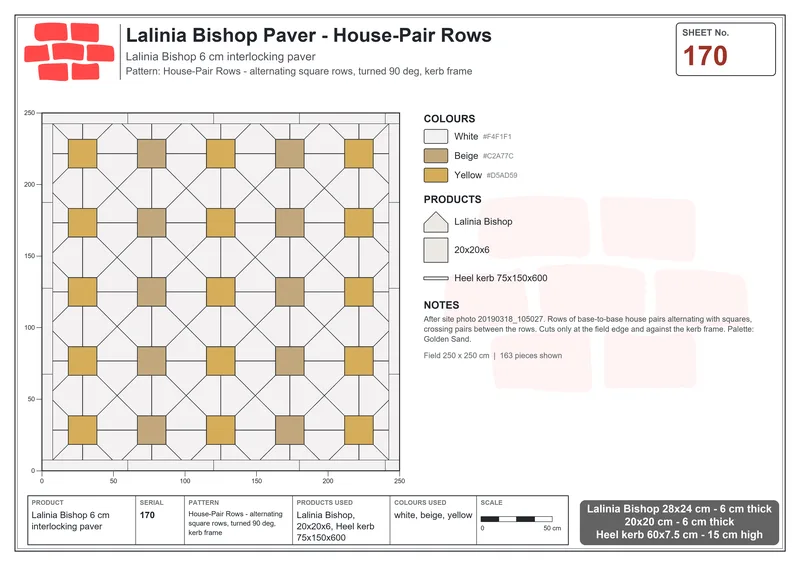 Interlock (Pasco) 28x24 cm · LAL-170 · House-Pair Rows - alternating square rows, turned 90 deg, kerb frame · Laying plan Interlock (Pasco) 28x24 cm · LAL-170 · House-Pair Rows - alternating square rows, turned 90 deg, kerb frame · Laying plan