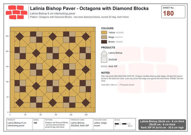 Interlock (Pasco) 28x24 cm · LAL-180 · Octagons with Diamond Blocks - two-tone diamond blocks, turned 45 deg, kerb frame · Laying plan Interlock (Pasco) 28x24 cm · LAL-180 · Octagons with Diamond Blocks - two-tone diamond blocks, turned 45 deg, kerb frame · Laying plan