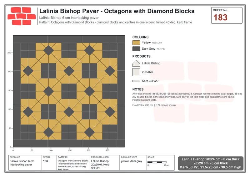 Interlock (Pasco) 28x24 cm · LAL-183 · Octagons with Diamond Blocks - diamond blocks and centres in one accent, turned 45 deg, kerb frame · Laying plan Interlock (Pasco) 28x24 cm · LAL-183 · Octagons with Diamond Blocks - diamond blocks and centres in one accent, turned 45 deg, kerb frame · Laying plan