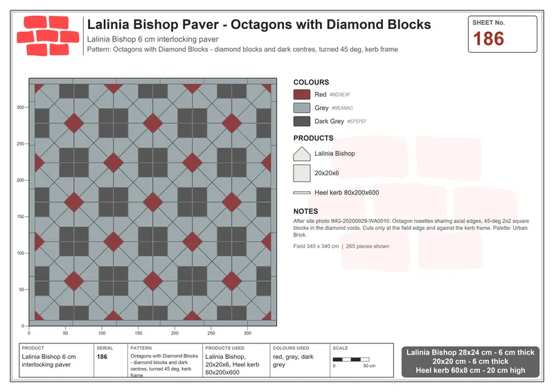 Interlock (Pasco) 28x24 cm · LAL-186 · Octagons with Diamond Blocks - diamond blocks and dark centres, turned 45 deg, kerb frame · Laying plan Interlock (Pasco) 28x24 cm · LAL-186 · Octagons with Diamond Blocks - diamond blocks and dark centres, turned 45 deg, kerb frame · Laying plan