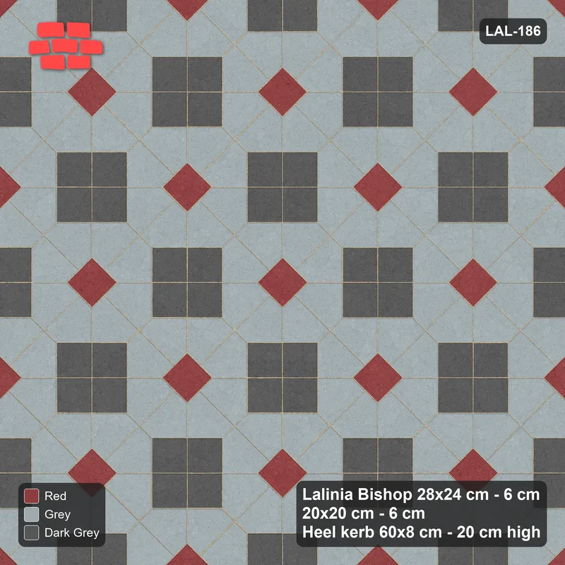 Interlock (Pasco) 28x24 cm · LAL-186 · Octagons with Diamond Blocks - diamond blocks and dark centres, turned 45 deg, kerb frame · Top view Interlock (Pasco) 28x24 cm · LAL-186 · Octagons with Diamond Blocks - diamond blocks and dark centres, turned 45 deg, kerb frame · Top view