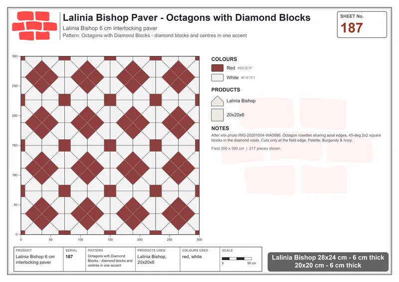 Interlock (Pasco) 28x24 cm · LAL-187 · Octagons with Diamond Blocks - diamond blocks and centres in one accent · Laying plan Interlock (Pasco) 28x24 cm · LAL-187 · Octagons with Diamond Blocks - diamond blocks and centres in one accent · Laying plan