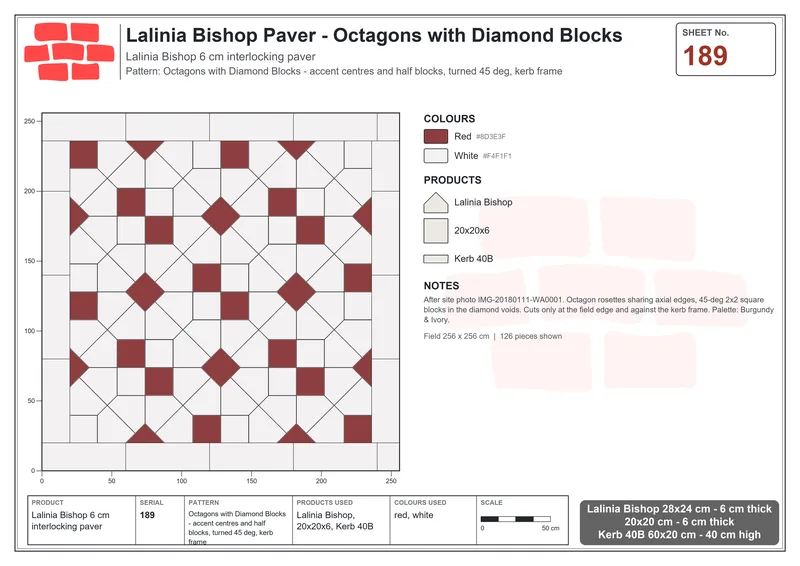 Interlock (Pasco) 28x24 cm · LAL-189 · Octagons with Diamond Blocks - accent centres and half blocks, turned 45 deg, kerb frame · Laying plan Interlock (Pasco) 28x24 cm · LAL-189 · Octagons with Diamond Blocks - accent centres and half blocks, turned 45 deg, kerb frame · Laying plan