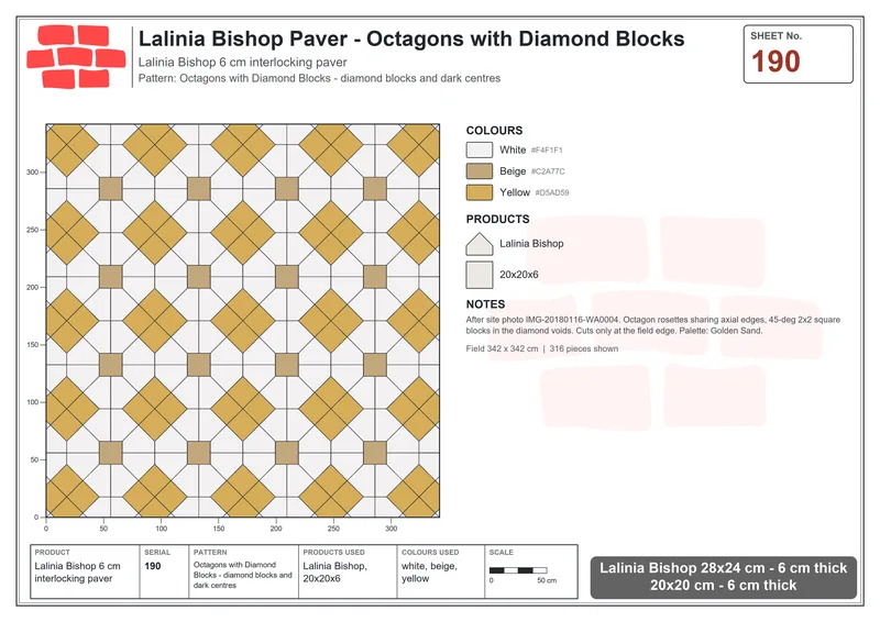 Interlock (Pasco) 28x24 cm · LAL-190 · Octagons with Diamond Blocks - diamond blocks and dark centres · Laying plan Interlock (Pasco) 28x24 cm · LAL-190 · Octagons with Diamond Blocks - diamond blocks and dark centres · Laying plan
