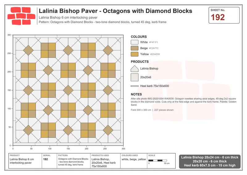 Interlock (Pasco) 28x24 cm · LAL-192 · Octagons with Diamond Blocks - two-tone diamond blocks, turned 45 deg, kerb frame · Laying plan Interlock (Pasco) 28x24 cm · LAL-192 · Octagons with Diamond Blocks - two-tone diamond blocks, turned 45 deg, kerb frame · Laying plan