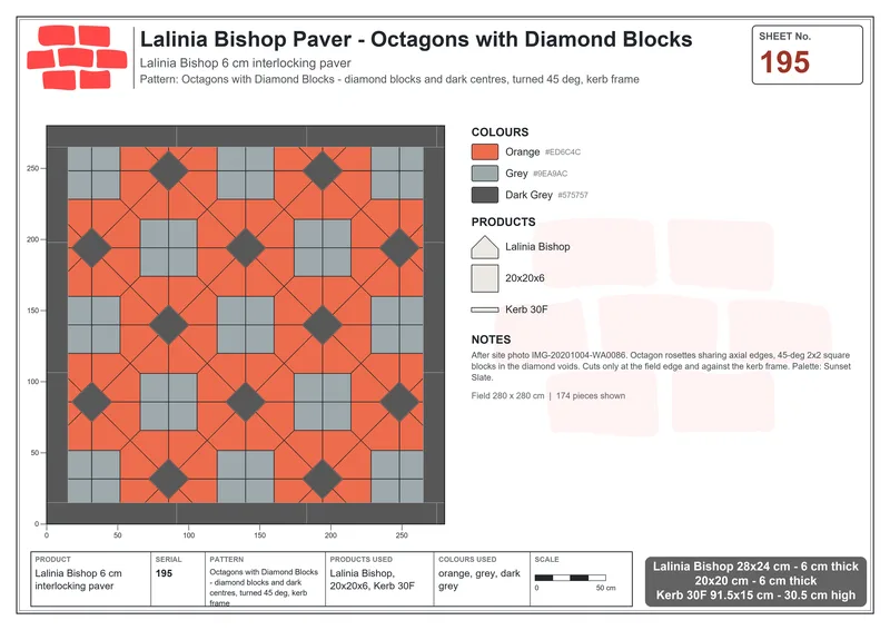 Interlock (Pasco) 28x24 cm · LAL-195 · Octagons with Diamond Blocks - diamond blocks and dark centres, turned 45 deg, kerb frame · Laying plan Interlock (Pasco) 28x24 cm · LAL-195 · Octagons with Diamond Blocks - diamond blocks and dark centres, turned 45 deg, kerb frame · Laying plan