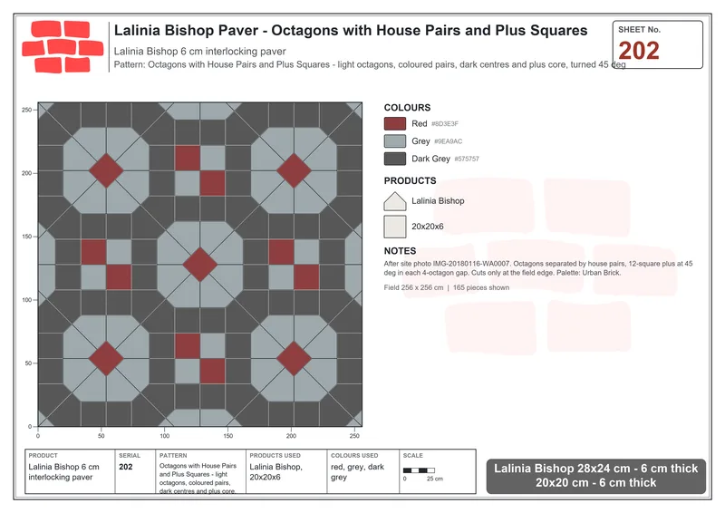 Interlock (Pasco) 28x24 cm · LAL-202 · Octagons with House Pairs and Plus Squares - light octagons, coloured pairs, dark centres and plus core, turned 45 deg · Laying plan Interlock (Pasco) 28x24 cm · LAL-202 · Octagons with House Pairs and Plus Squares - light octagons, coloured pairs, dark centres and plus core, turned 45 deg · Laying plan