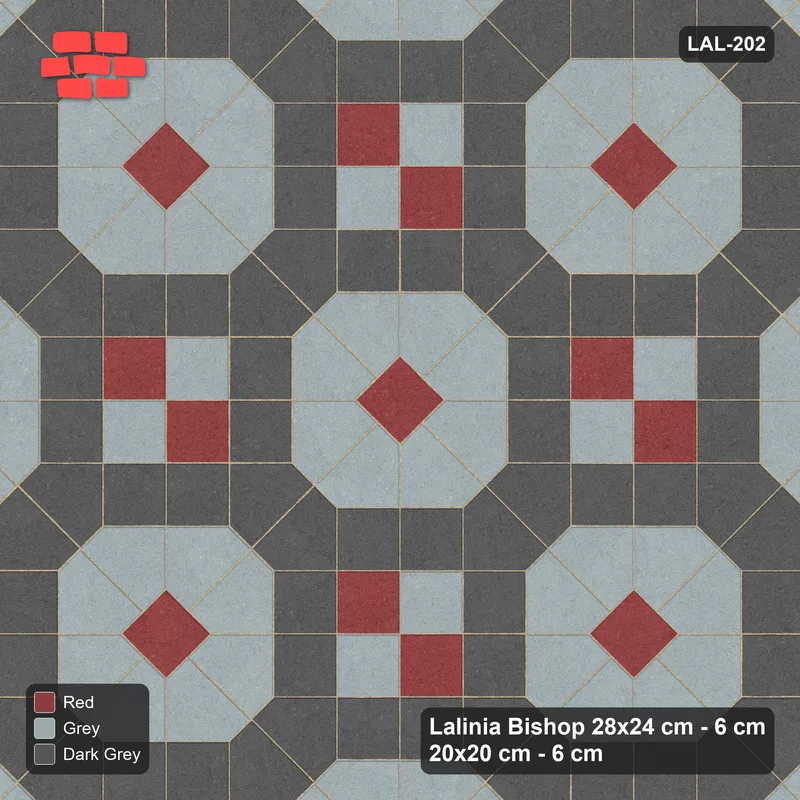 Interlock (Pasco) 28x24 cm · LAL-202 · Octagons with House Pairs and Plus Squares - light octagons, coloured pairs, dark centres and plus core, turned 45 deg · Top view Interlock (Pasco) 28x24 cm · LAL-202 · Octagons with House Pairs and Plus Squares - light octagons, coloured pairs, dark centres and plus core, turned 45 deg · Top view
