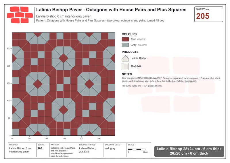 Interlock (Pasco) 28x24 cm · LAL-205 · Octagons with House Pairs and Plus Squares - two-colour octagons and pairs, turned 45 deg · Laying plan Interlock (Pasco) 28x24 cm · LAL-205 · Octagons with House Pairs and Plus Squares - two-colour octagons and pairs, turned 45 deg · Laying plan