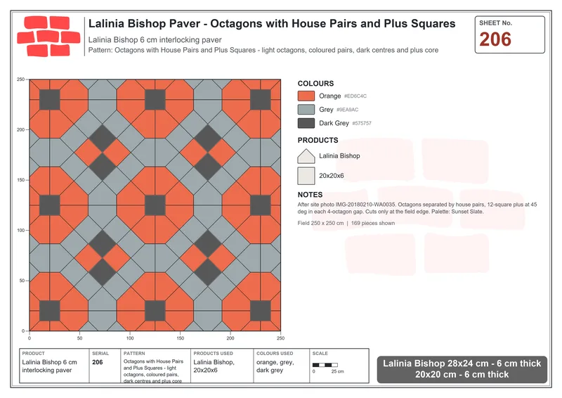 Interlock (Pasco) 28x24 cm · LAL-206 · Octagons with House Pairs and Plus Squares - light octagons, coloured pairs, dark centres and plus core · Laying plan Interlock (Pasco) 28x24 cm · LAL-206 · Octagons with House Pairs and Plus Squares - light octagons, coloured pairs, dark centres and plus core · Laying plan