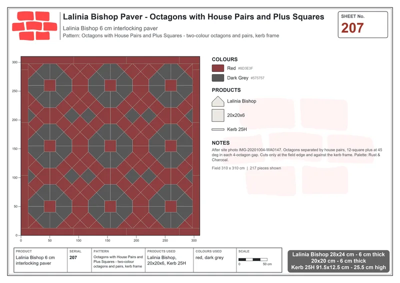 Interlock (Pasco) 28x24 cm · LAL-207 · Octagons with House Pairs and Plus Squares - two-colour octagons and pairs, kerb frame · Laying plan Interlock (Pasco) 28x24 cm · LAL-207 · Octagons with House Pairs and Plus Squares - two-colour octagons and pairs, kerb frame · Laying plan