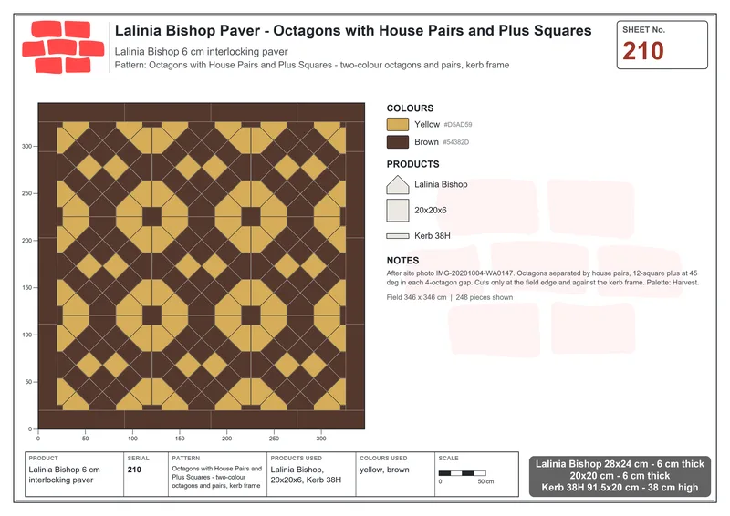 Interlock (Pasco) 28x24 cm · LAL-210 · Octagons with House Pairs and Plus Squares - two-colour octagons and pairs, kerb frame · Laying plan Interlock (Pasco) 28x24 cm · LAL-210 · Octagons with House Pairs and Plus Squares - two-colour octagons and pairs, kerb frame · Laying plan