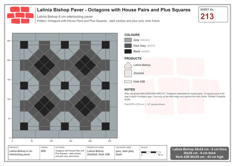 Interlock (Pasco) 28x24 cm · LAL-213 · Octagons with House Pairs and Plus Squares - dark centres and plus core, kerb frame · Laying plan Interlock (Pasco) 28x24 cm · LAL-213 · Octagons with House Pairs and Plus Squares - dark centres and plus core, kerb frame · Laying plan