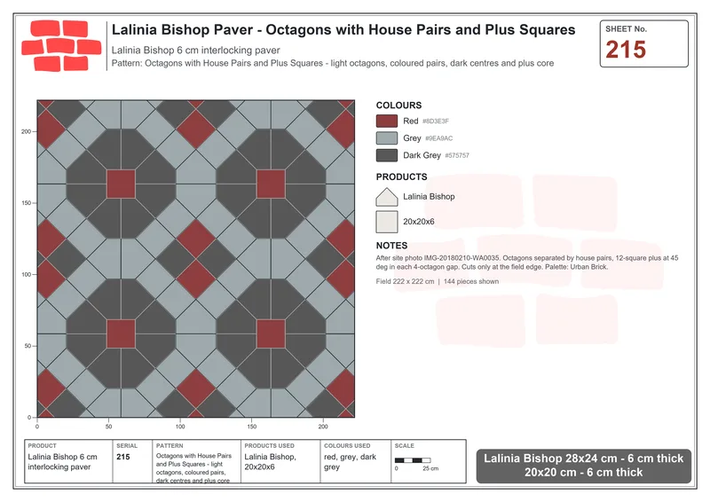 Interlock (Pasco) 28x24 cm · LAL-215 · Octagons with House Pairs and Plus Squares - light octagons, coloured pairs, dark centres and plus core · Laying plan Interlock (Pasco) 28x24 cm · LAL-215 · Octagons with House Pairs and Plus Squares - light octagons, coloured pairs, dark centres and plus core · Laying plan