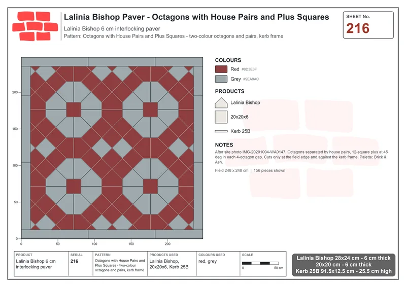 Interlock (Pasco) 28x24 cm · LAL-216 · Octagons with House Pairs and Plus Squares - two-colour octagons and pairs, kerb frame · Laying plan Interlock (Pasco) 28x24 cm · LAL-216 · Octagons with House Pairs and Plus Squares - two-colour octagons and pairs, kerb frame · Laying plan