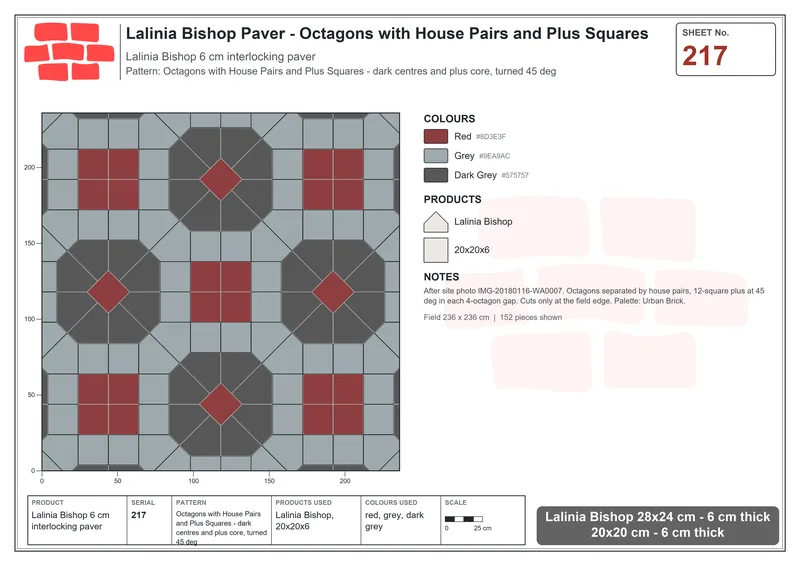 Interlock (Pasco) 28x24 cm · LAL-217 · Octagons with House Pairs and Plus Squares - dark centres and plus core, turned 45 deg · Laying plan Interlock (Pasco) 28x24 cm · LAL-217 · Octagons with House Pairs and Plus Squares - dark centres and plus core, turned 45 deg · Laying plan