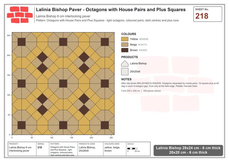 Interlock (Pasco) 28x24 cm · LAL-218 · Octagons with House Pairs and Plus Squares - light octagons, coloured pairs, dark centres and plus core · Laying plan Interlock (Pasco) 28x24 cm · LAL-218 · Octagons with House Pairs and Plus Squares - light octagons, coloured pairs, dark centres and plus core · Laying plan