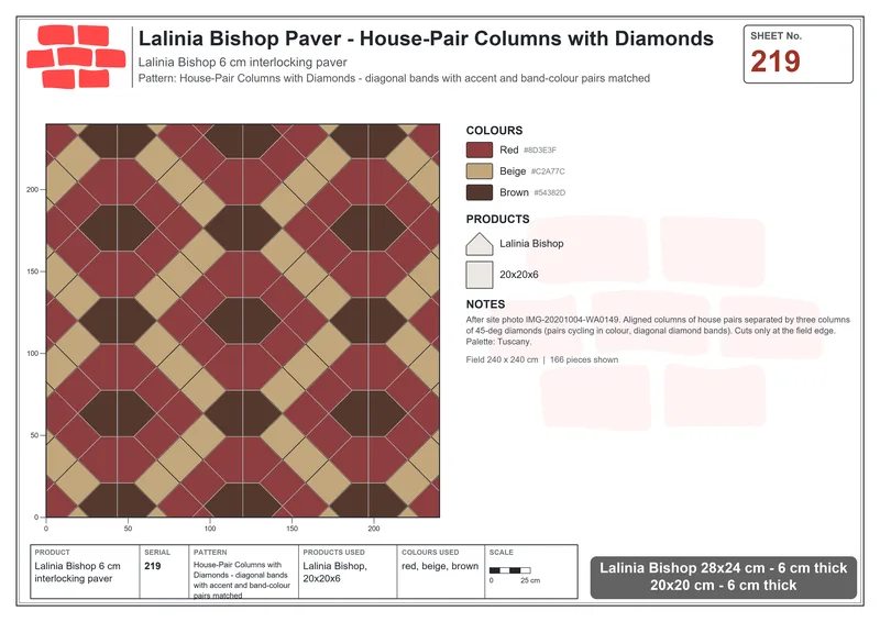 Interlock (Pasco) 28x24 cm · LAL-219 · House-Pair Columns with Diamonds - diagonal bands with accent and band-colour pairs matched · Laying plan Interlock (Pasco) 28x24 cm · LAL-219 · House-Pair Columns with Diamonds - diagonal bands with accent and band-colour pairs matched · Laying plan
