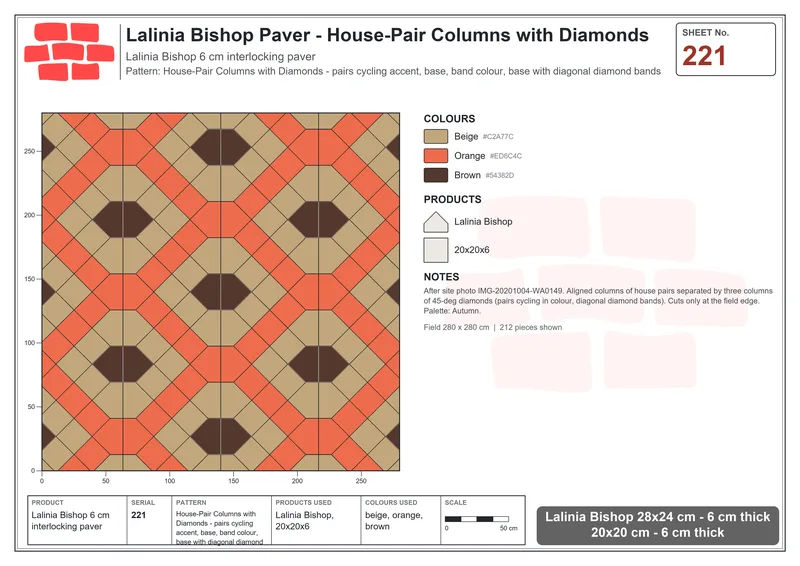 Interlock (Pasco) 28x24 cm · LAL-221 · House-Pair Columns with Diamonds - pairs cycling accent, base, band colour, base with diagonal diamond bands · Laying plan Interlock (Pasco) 28x24 cm · LAL-221 · House-Pair Columns with Diamonds - pairs cycling accent, base, band colour, base with diagonal diamond bands · Laying plan