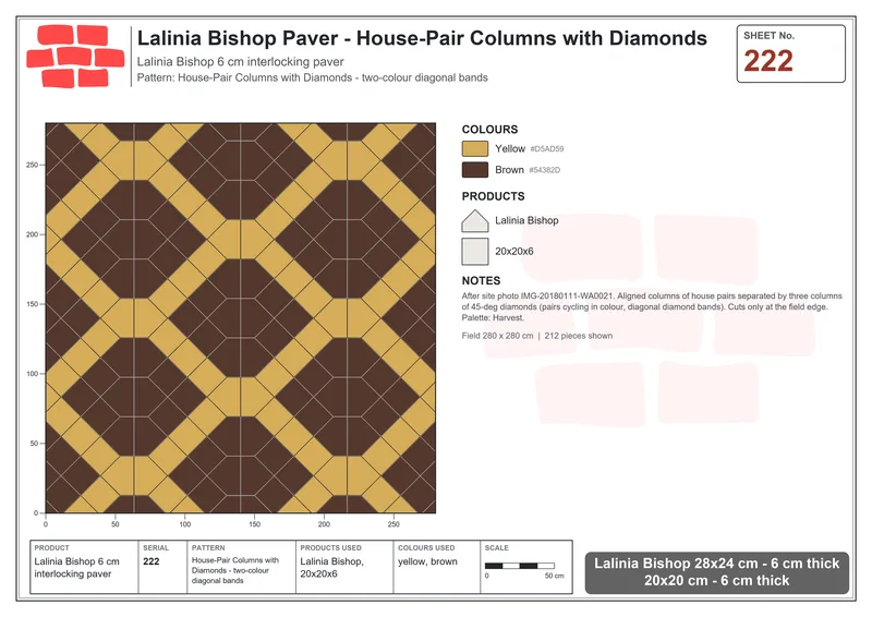 Interlock (Pasco) 28x24 cm · LAL-222 · House-Pair Columns with Diamonds - two-colour diagonal bands · Laying plan Interlock (Pasco) 28x24 cm · LAL-222 · House-Pair Columns with Diamonds - two-colour diagonal bands · Laying plan
