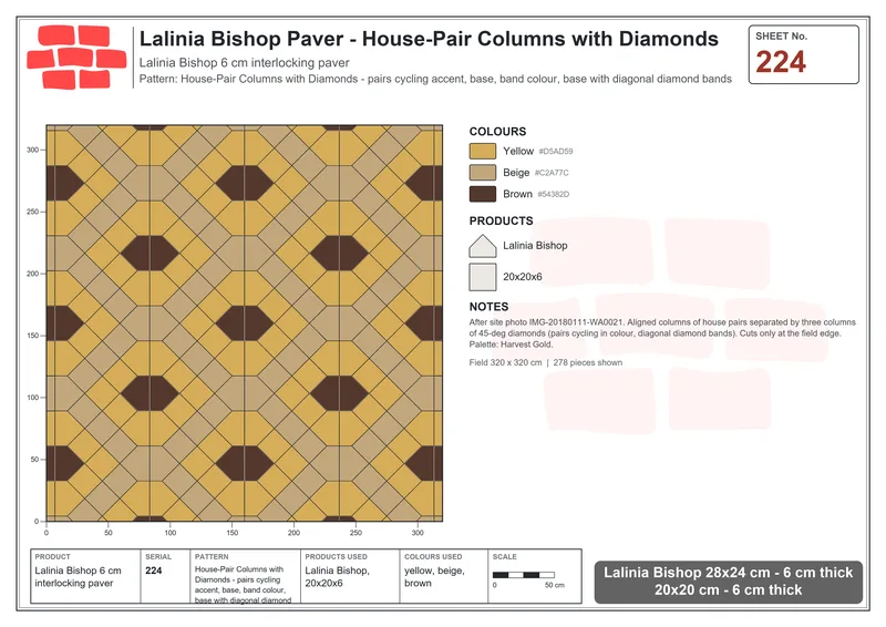 Interlock (Pasco) 28x24 cm · LAL-224 · House-Pair Columns with Diamonds - pairs cycling accent, base, band colour, base with diagonal diamond bands · Laying plan Interlock (Pasco) 28x24 cm · LAL-224 · House-Pair Columns with Diamonds - pairs cycling accent, base, band colour, base with diagonal diamond bands · Laying plan