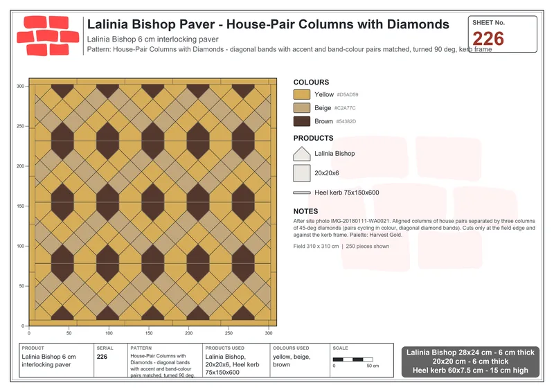 Interlock (Pasco) 28x24 cm · LAL-226 · House-Pair Columns with Diamonds - diagonal bands with accent and band-colour pairs matched, turned 90 deg, kerb frame · Laying plan Interlock (Pasco) 28x24 cm · LAL-226 · House-Pair Columns with Diamonds - diagonal bands with accent and band-colour pairs matched, turned 90 deg, kerb frame · Laying plan