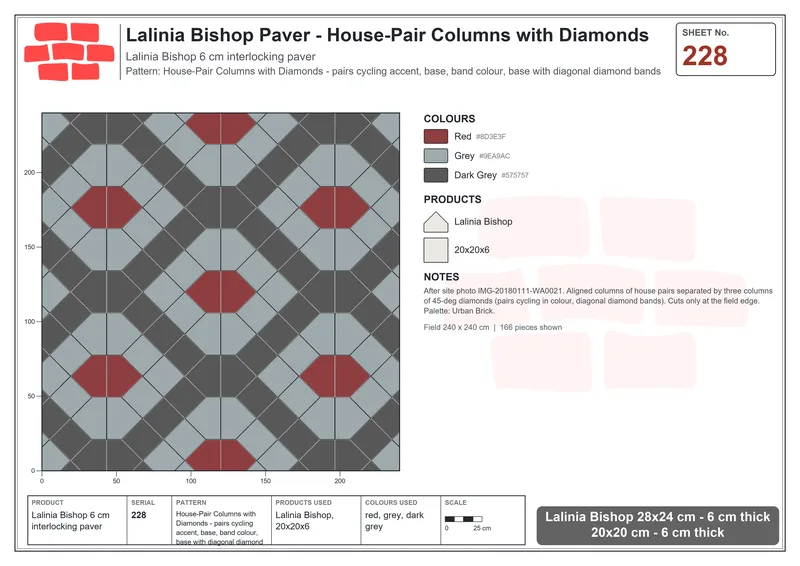 Interlock (Pasco) 28x24 cm · LAL-228 · House-Pair Columns with Diamonds - pairs cycling accent, base, band colour, base with diagonal diamond bands · Laying plan Interlock (Pasco) 28x24 cm · LAL-228 · House-Pair Columns with Diamonds - pairs cycling accent, base, band colour, base with diagonal diamond bands · Laying plan