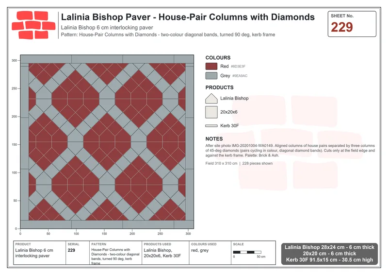 Interlock (Pasco) 28x24 cm · LAL-229 · House-Pair Columns with Diamonds - two-colour diagonal bands, turned 90 deg, kerb frame · Laying plan Interlock (Pasco) 28x24 cm · LAL-229 · House-Pair Columns with Diamonds - two-colour diagonal bands, turned 90 deg, kerb frame · Laying plan