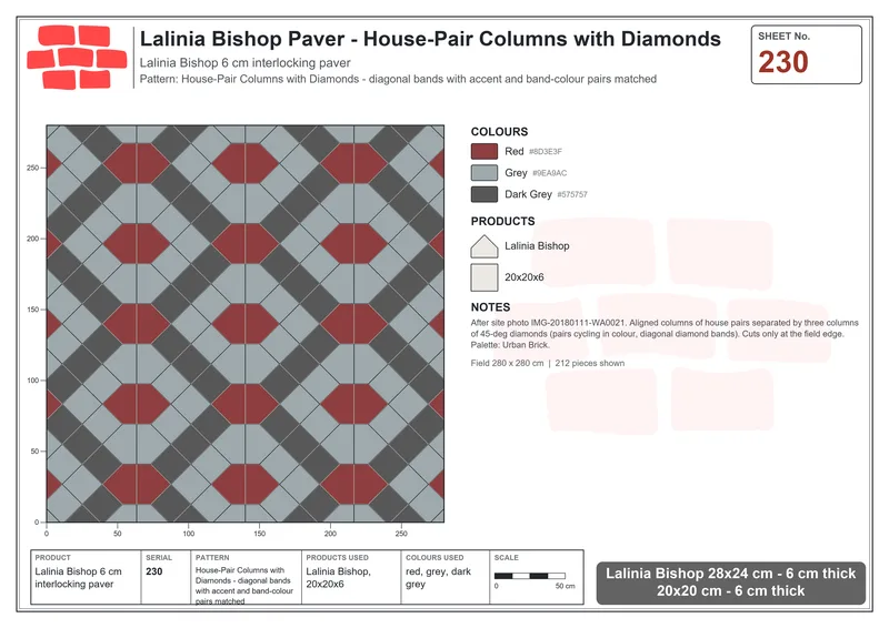 Interlock (Pasco) 28x24 cm · LAL-230 · House-Pair Columns with Diamonds - diagonal bands with accent and band-colour pairs matched · Laying plan Interlock (Pasco) 28x24 cm · LAL-230 · House-Pair Columns with Diamonds - diagonal bands with accent and band-colour pairs matched · Laying plan