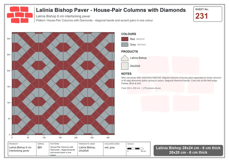 Interlock (Pasco) 28x24 cm · LAL-231 · House-Pair Columns with Diamonds - diagonal bands and accent pairs in one colour · Laying plan Interlock (Pasco) 28x24 cm · LAL-231 · House-Pair Columns with Diamonds - diagonal bands and accent pairs in one colour · Laying plan