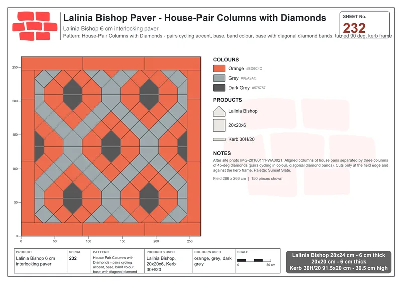 Interlock (Pasco) 28x24 cm · LAL-232 · House-Pair Columns with Diamonds - pairs cycling accent, base, band colour, base with diagonal diamond bands, turned 90 deg, kerb frame · Laying plan Interlock (Pasco) 28x24 cm · LAL-232 · House-Pair Columns with Diamonds - pairs cycling accent, base, band colour, base with diagonal diamond bands, turned 90 deg, kerb frame · Laying plan