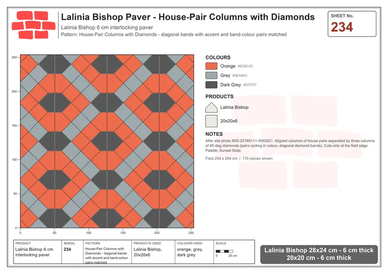Interlock (Pasco) 28x24 cm · LAL-234 · House-Pair Columns with Diamonds - diagonal bands with accent and band-colour pairs matched · Laying plan Interlock (Pasco) 28x24 cm · LAL-234 · House-Pair Columns with Diamonds - diagonal bands with accent and band-colour pairs matched · Laying plan