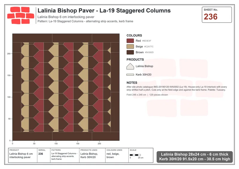 Interlock (Pasco) 28x24 cm · LAL-236 · La-19 Staggered Columns - alternating strip accents, kerb frame · Laying plan Interlock (Pasco) 28x24 cm · LAL-236 · La-19 Staggered Columns - alternating strip accents, kerb frame · Laying plan