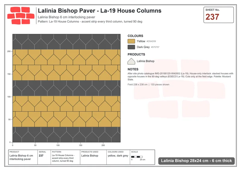 Interlock (Pasco) 28x24 cm · LAL-237 · La-19 House Columns - accent strip every third column, turned 90 deg · Laying plan Interlock (Pasco) 28x24 cm · LAL-237 · La-19 House Columns - accent strip every third column, turned 90 deg · Laying plan