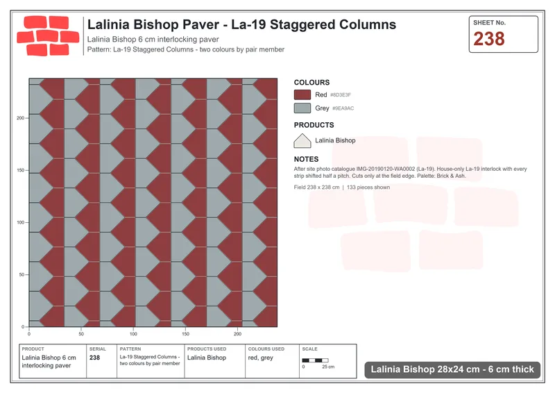 Interlock (Pasco) 28x24 cm · LAL-238 · La-19 Staggered Columns - two colours by pair member · Laying plan Interlock (Pasco) 28x24 cm · LAL-238 · La-19 Staggered Columns - two colours by pair member · Laying plan