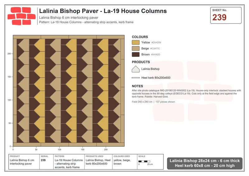 Interlock (Pasco) 28x24 cm · LAL-239 · La-19 House Columns - alternating strip accents, kerb frame · Laying plan Interlock (Pasco) 28x24 cm · LAL-239 · La-19 House Columns - alternating strip accents, kerb frame · Laying plan
