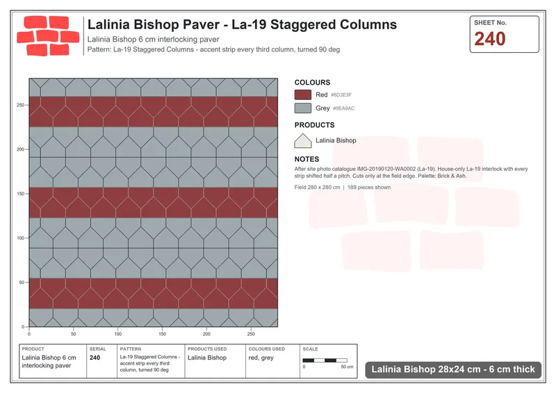 Interlock (Pasco) 28x24 cm · LAL-240 · La-19 Staggered Columns - accent strip every third column, turned 90 deg · Laying plan Interlock (Pasco) 28x24 cm · LAL-240 · La-19 Staggered Columns - accent strip every third column, turned 90 deg · Laying plan