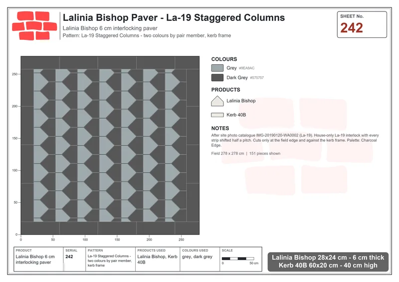 Interlock (Pasco) 28x24 cm · LAL-242 · La-19 Staggered Columns - two colours by pair member, kerb frame · Laying plan Interlock (Pasco) 28x24 cm · LAL-242 · La-19 Staggered Columns - two colours by pair member, kerb frame · Laying plan