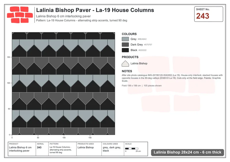 Interlock (Pasco) 28x24 cm · LAL-243 · La-19 House Columns - alternating strip accents, turned 90 deg · Laying plan Interlock (Pasco) 28x24 cm · LAL-243 · La-19 House Columns - alternating strip accents, turned 90 deg · Laying plan