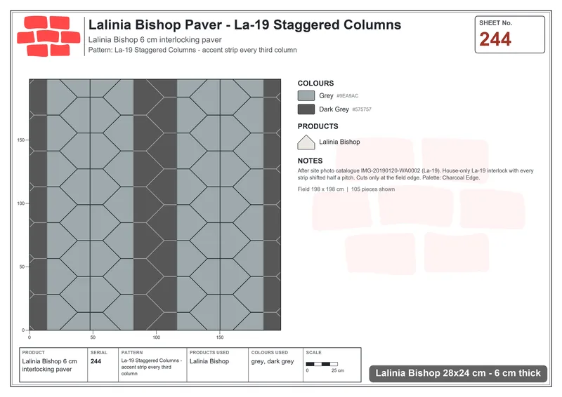 Interlock (Pasco) 28x24 cm · LAL-244 · La-19 Staggered Columns - accent strip every third column · Laying plan Interlock (Pasco) 28x24 cm · LAL-244 · La-19 Staggered Columns - accent strip every third column · Laying plan