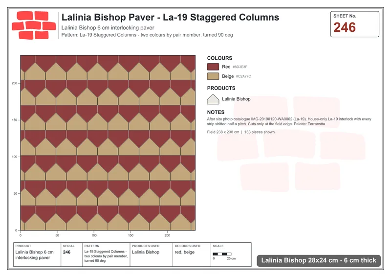 Interlock (Pasco) 28x24 cm · LAL-246 · La-19 Staggered Columns - two colours by pair member, turned 90 deg · Laying plan Interlock (Pasco) 28x24 cm · LAL-246 · La-19 Staggered Columns - two colours by pair member, turned 90 deg · Laying plan
