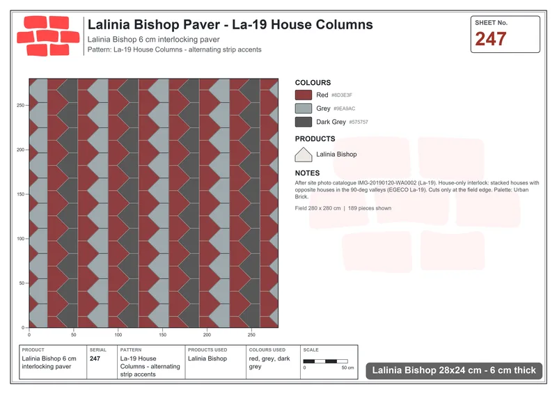 Interlock (Pasco) 28x24 cm · LAL-247 · La-19 House Columns - alternating strip accents · Laying plan Interlock (Pasco) 28x24 cm · LAL-247 · La-19 House Columns - alternating strip accents · Laying plan