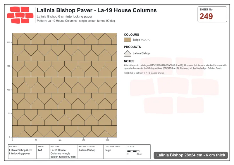 Interlock (Pasco) 28x24 cm · LAL-249 · La-19 House Columns - single colour, turned 90 deg · Laying plan Interlock (Pasco) 28x24 cm · LAL-249 · La-19 House Columns - single colour, turned 90 deg · Laying plan