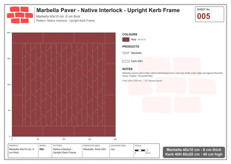 Interlock (Pasco) 40x10 cm · MAR-005 · Native Interlock - Upright Kerb Frame · Laying plan Interlock (Pasco) 40x10 cm · MAR-005 · Native Interlock - Upright Kerb Frame · Laying plan